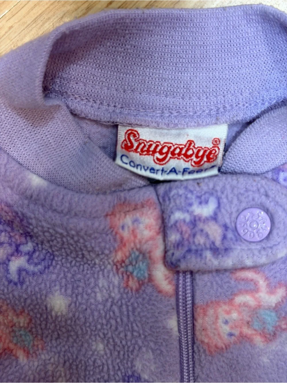 Vintage Snugabye Convert-A-Foot Girls Purple Animal Print Fleece Sleeper Pajamas